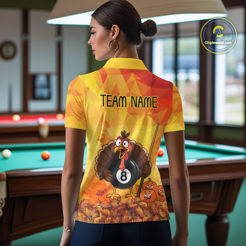 Yellow Funny Turkey 8 Ball Pool Billiard Shirts For Women Custom Thanksgiving Pool Team Jersey TDM7392