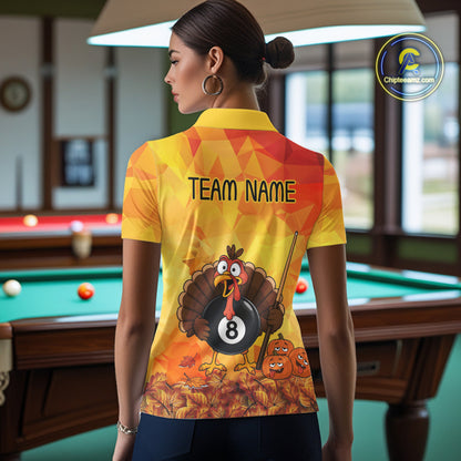 Yellow Funny Turkey 8 Ball Pool Billiard Shirts For Women Custom Thanksgiving Pool Team Jersey TDM7392