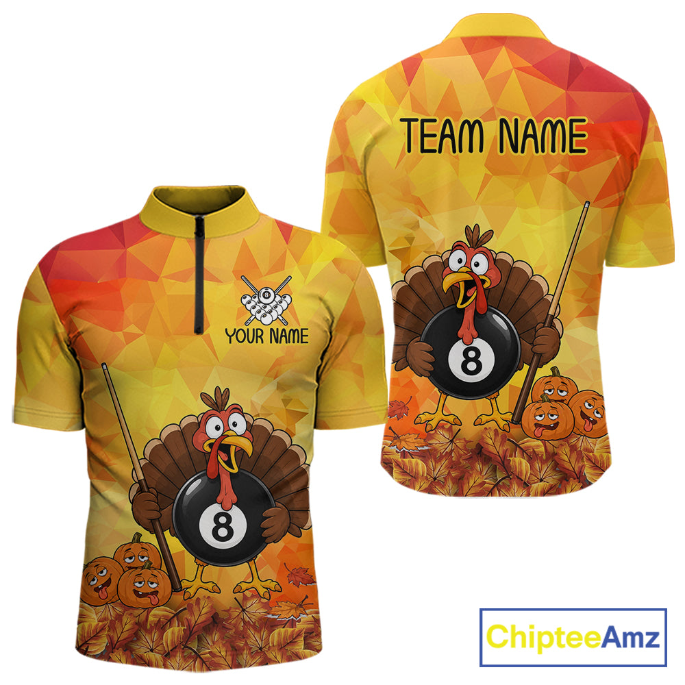 Yellow Funny Turkey 8 Ball Pool Billiard Shirts For Men Custom Thanksgiving Pool Team Jersey TDM7392