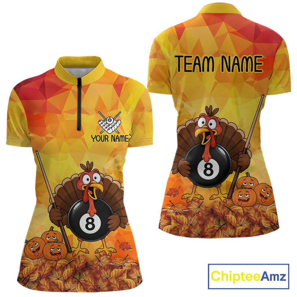 Yellow Funny Turkey 8 Ball Pool Billiard Shirts For Women Custom Thanksgiving Pool Team Jersey TDM7392