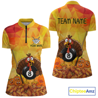 Yellow Funny Turkey 8 Ball Pool Billiard Shirts For Women Custom Thanksgiving Pool Team Jersey TDM7392