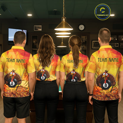 Yellow Funny Turkey 8 Ball Pool Billiard Shirts For Men Custom Thanksgiving Pool Team Jersey TDM7392