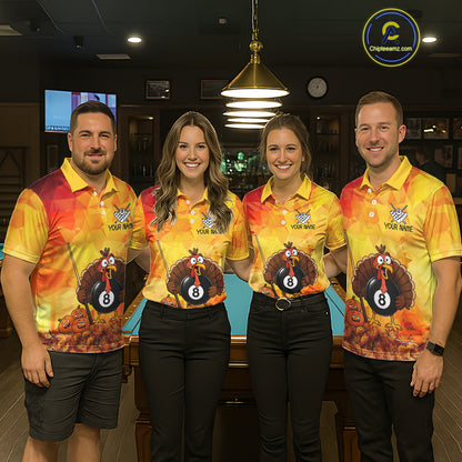 Yellow Funny Turkey 8 Ball Pool Billiard Shirts For Men Custom Thanksgiving Pool Team Jersey TDM7392