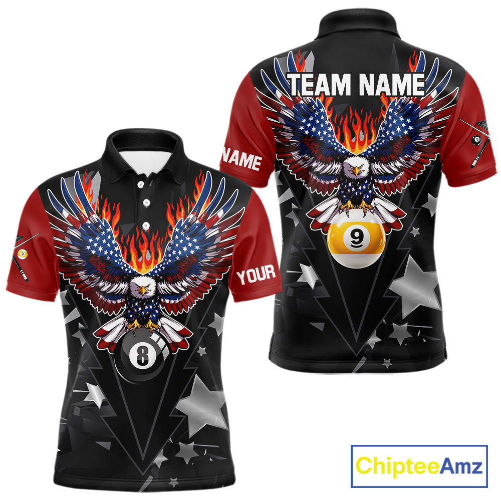 Custom 8 Ball 9 Ball Eagle American Flag Flame Billiard Shirts For Men, Patriotic Pool Team Jersey TDM7688