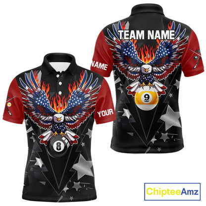 Custom 8 Ball 9 Ball Eagle American Flag Flame Billiard Shirts For Men, Patriotic Pool Team Jersey TDM7688