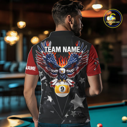 Custom 8 Ball 9 Ball Eagle American Flag Flame Billiard Shirts For Men, Patriotic Pool Team Jersey TDM7688