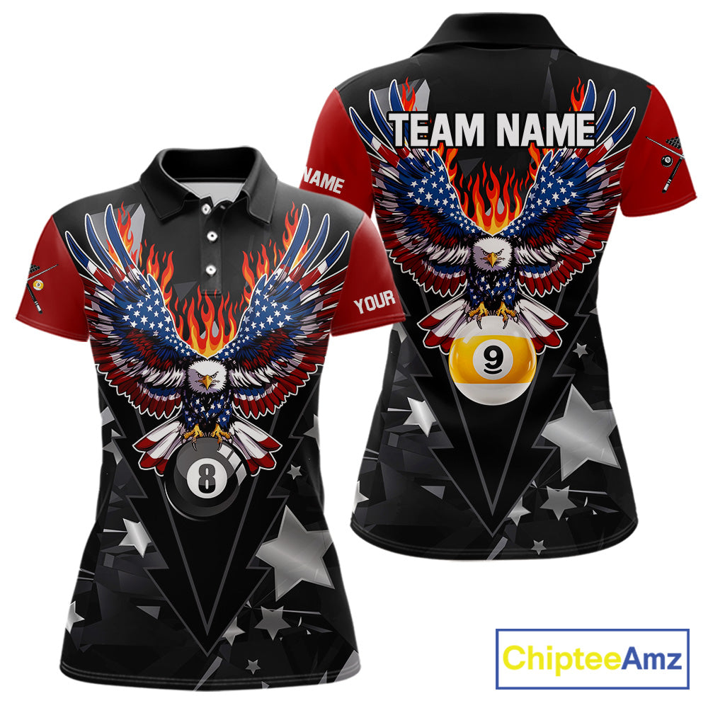 Custom 8 Ball 9 Ball Eagle American Flag Flame Billiard Shirts For Women, Patriotic Pool Team Jersey TDM7688