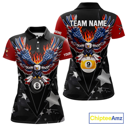Custom 8 Ball 9 Ball Eagle American Flag Flame Billiard Shirts For Women, Patriotic Pool Team Jersey TDM7688