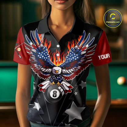 Custom 8 Ball 9 Ball Eagle American Flag Flame Billiard Shirts For Women, Patriotic Pool Team Jersey TDM7688