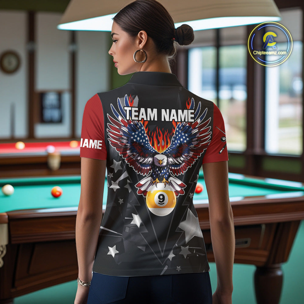 Custom 8 Ball 9 Ball Eagle American Flag Flame Billiard Shirts For Women, Patriotic Pool Team Jersey TDM7688