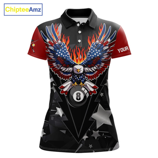 Custom 8 Ball 9 Ball Eagle American Flag Flame Billiard Shirts For Women, Patriotic Pool Team Jersey TDM7688