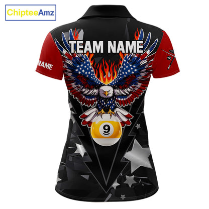 Custom 8 Ball 9 Ball Eagle American Flag Flame Billiard Shirts For Women, Patriotic Pool Team Jersey TDM7688