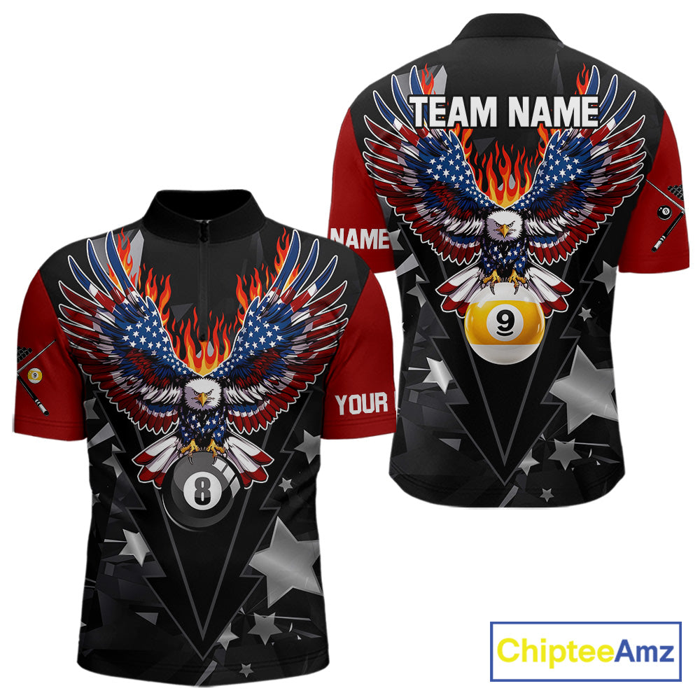 Custom 8 Ball 9 Ball Eagle American Flag Flame Billiard Shirts For Men, Patriotic Pool Team Jersey TDM7688