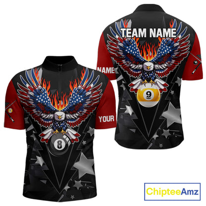Custom 8 Ball 9 Ball Eagle American Flag Flame Billiard Shirts For Men, Patriotic Pool Team Jersey TDM7688