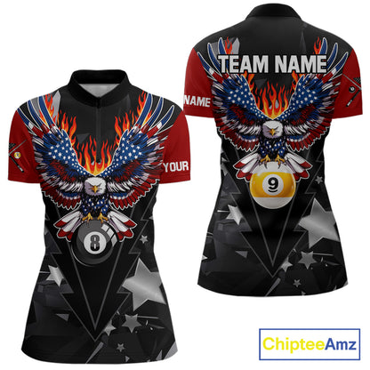 Custom 8 Ball 9 Ball Eagle American Flag Flame Billiard Shirts For Women, Patriotic Pool Team Jersey TDM7688