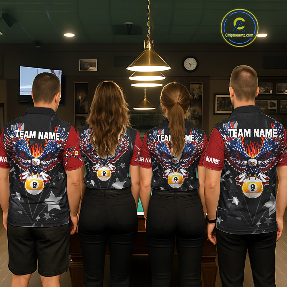 Custom 8 Ball 9 Ball Eagle American Flag Flame Billiard Shirts For Men, Patriotic Pool Team Jersey TDM7688