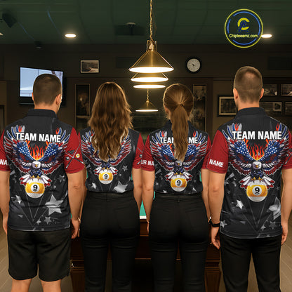 Custom 8 Ball 9 Ball Eagle American Flag Flame Billiard Shirts For Men, Patriotic Pool Team Jersey TDM7688