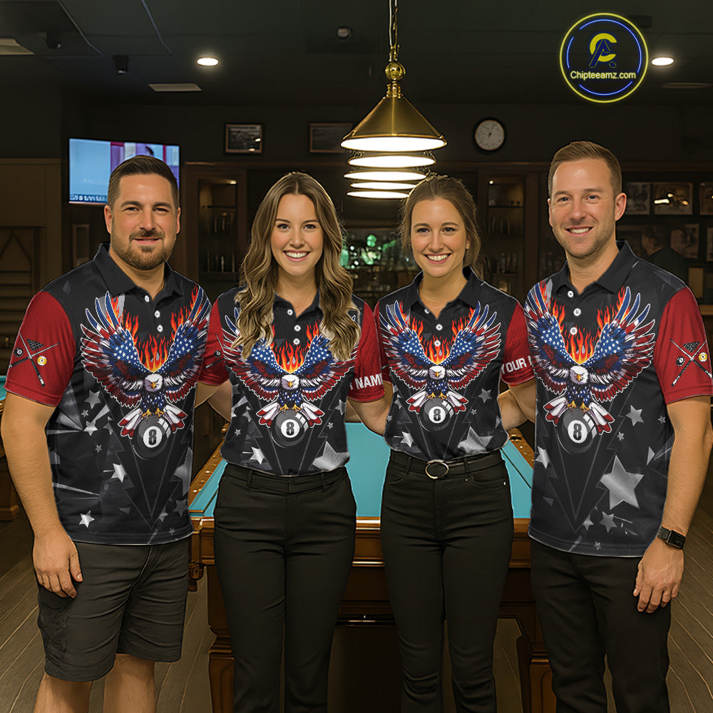 Custom 8 Ball 9 Ball Eagle American Flag Flame Billiard Shirts For Men, Patriotic Pool Team Jersey TDM7688