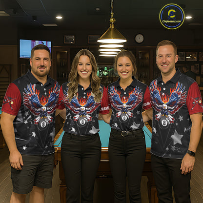 Custom 8 Ball 9 Ball Eagle American Flag Flame Billiard Shirts For Men, Patriotic Pool Team Jersey TDM7688