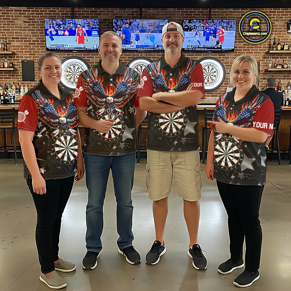 Personalized Flame American Flag Eagle Darts Shirts For Men Custom Patriotic Darts Team Jersey TDM7689