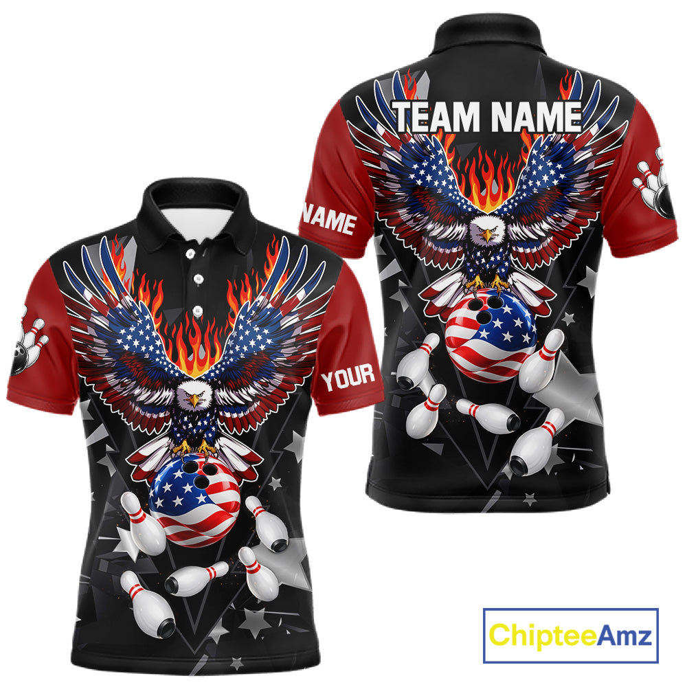 Personalized Flame American Flag Eagle Bowling Shirts For Men Custom Patriotic Bowling Team Jersey TDM7690