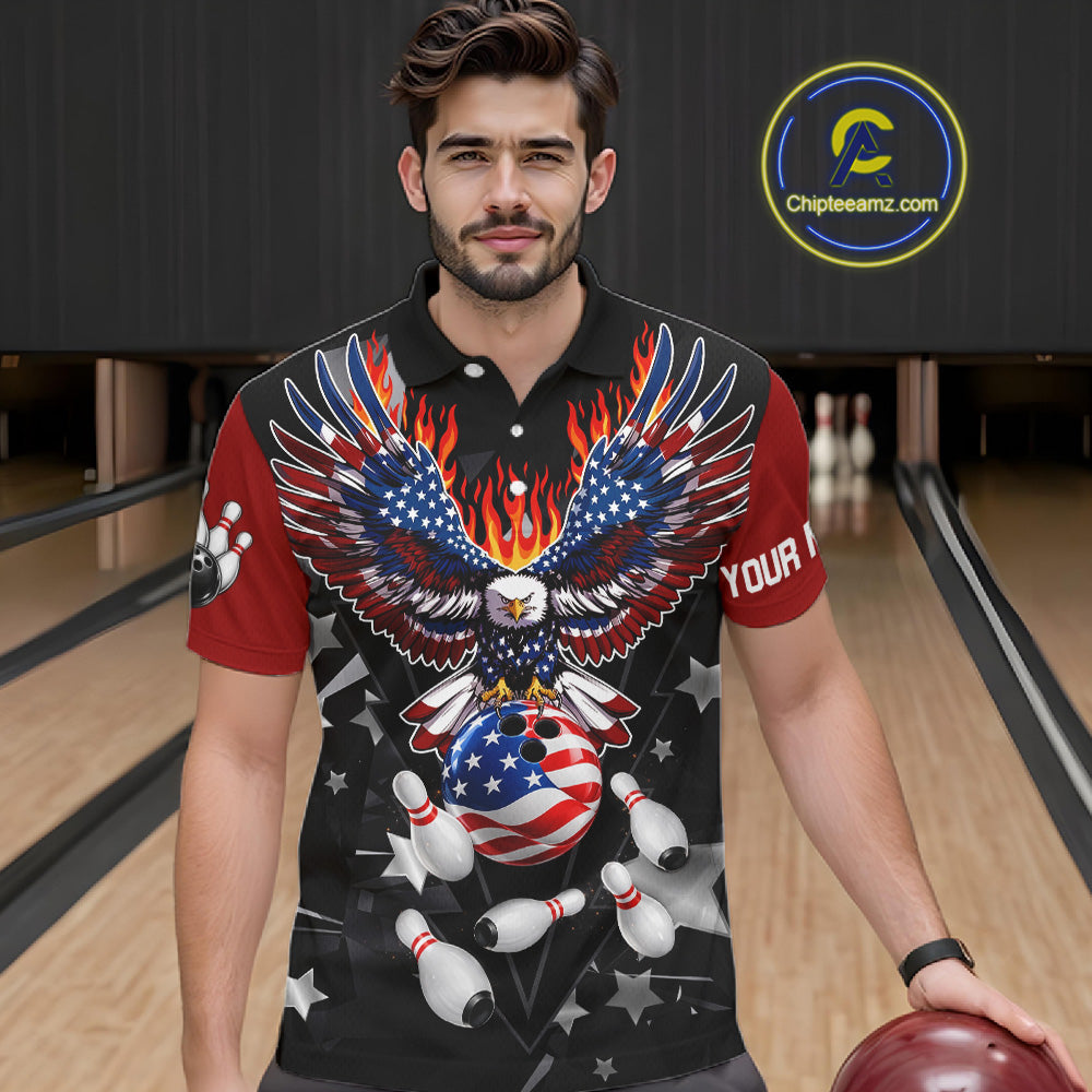 Personalized Flame American Flag Eagle Bowling Shirts For Men Custom Patriotic Bowling Team Jersey TDM7690