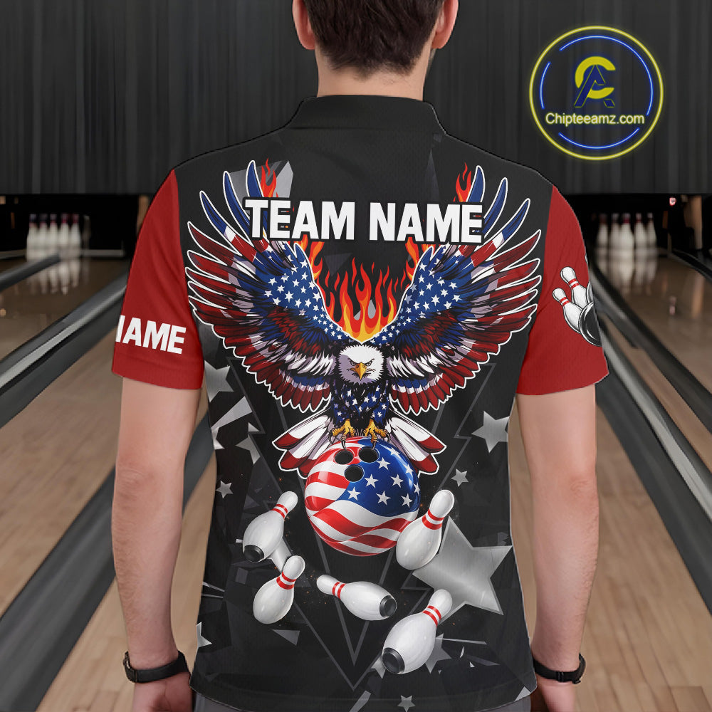 Personalized Flame American Flag Eagle Bowling Shirts For Men Custom Patriotic Bowling Team Jersey TDM7690