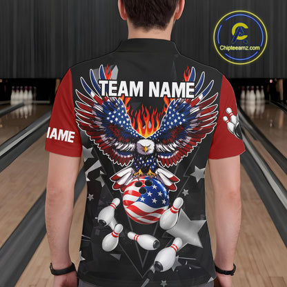 Personalized Flame American Flag Eagle Bowling Shirts For Men Custom Patriotic Bowling Team Jersey TDM7690