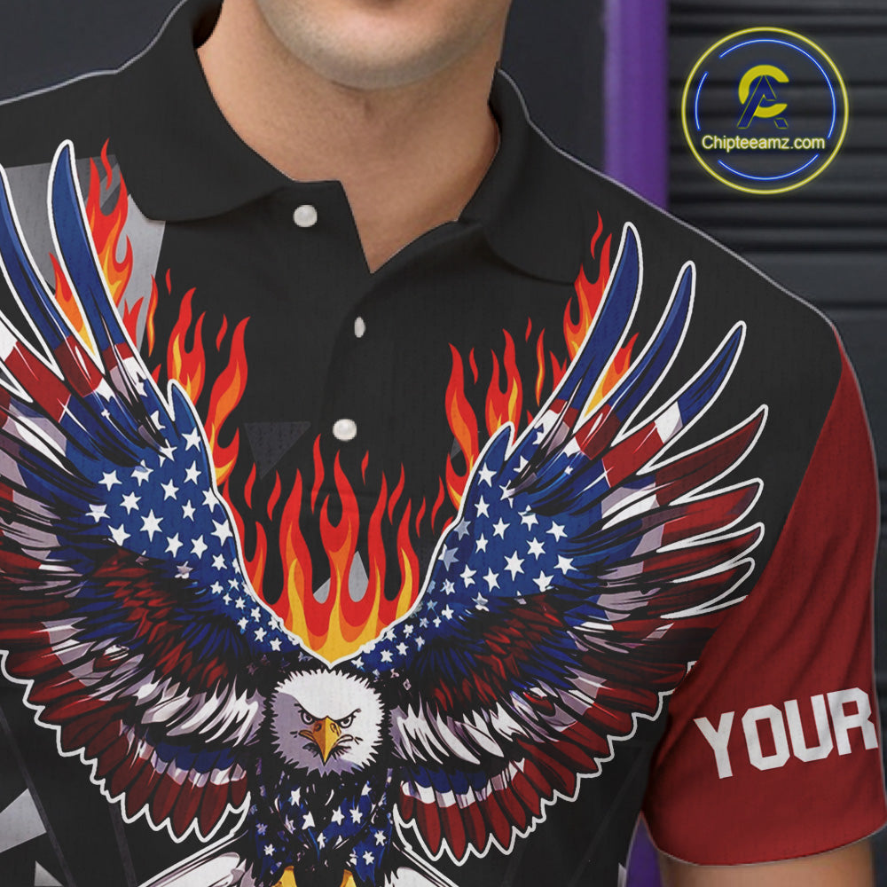Personalized Flame American Flag Eagle Bowling Shirts For Men Custom Patriotic Bowling Team Jersey TDM7690