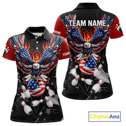 Personalized Flame American Flag Eagle Bowling Shirts For Women Custom Patriotic Bowling Team Jersey TDM7690