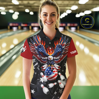 Personalized Flame American Flag Eagle Bowling Shirts For Women Custom Patriotic Bowling Team Jersey TDM7690