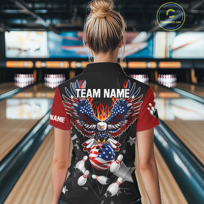Personalized Flame American Flag Eagle Bowling Shirts For Women Custom Patriotic Bowling Team Jersey TDM7690