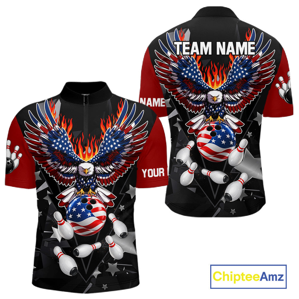 Personalized Flame American Flag Eagle Bowling Shirts For Men Custom Patriotic Bowling Team Jersey TDM7690