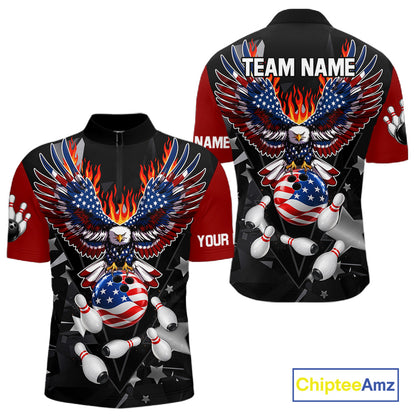 Personalized Flame American Flag Eagle Bowling Shirts For Men Custom Patriotic Bowling Team Jersey TDM7690