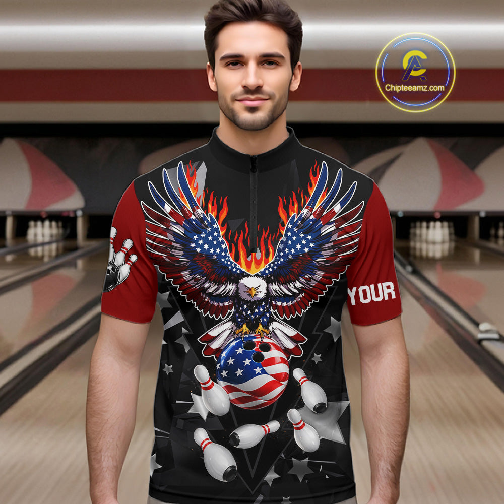 Personalized Flame American Flag Eagle Bowling Shirts For Men Custom Patriotic Bowling Team Jersey TDM7690