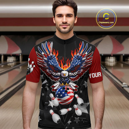 Personalized Flame American Flag Eagle Bowling Shirts For Men Custom Patriotic Bowling Team Jersey TDM7690