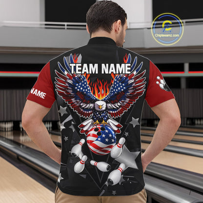 Personalized Flame American Flag Eagle Bowling Shirts For Men Custom Patriotic Bowling Team Jersey TDM7690