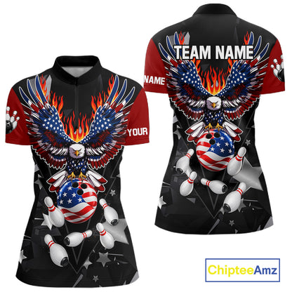 Personalized Flame American Flag Eagle Bowling Shirts For Women Custom Patriotic Bowling Team Jersey TDM7690