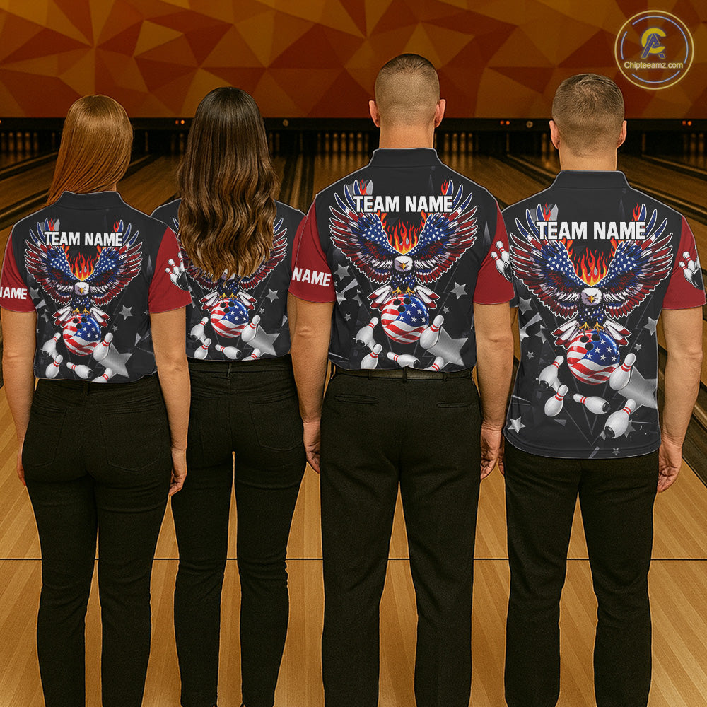 Personalized Flame American Flag Eagle Bowling Shirts For Men Custom Patriotic Bowling Team Jersey TDM7690