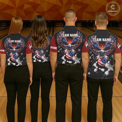 Personalized Flame American Flag Eagle Bowling Shirts For Men Custom Patriotic Bowling Team Jersey TDM7690