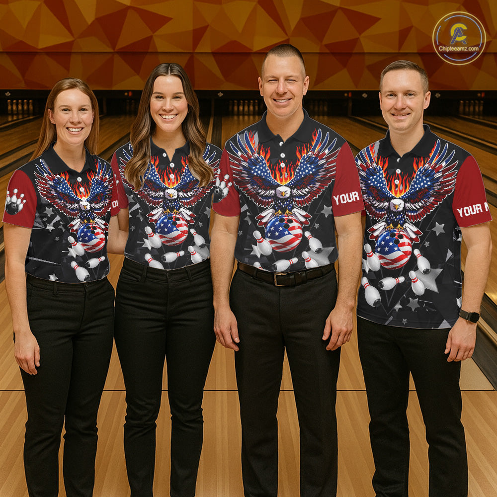 Personalized Flame American Flag Eagle Bowling Shirts For Men Custom Patriotic Bowling Team Jersey TDM7690