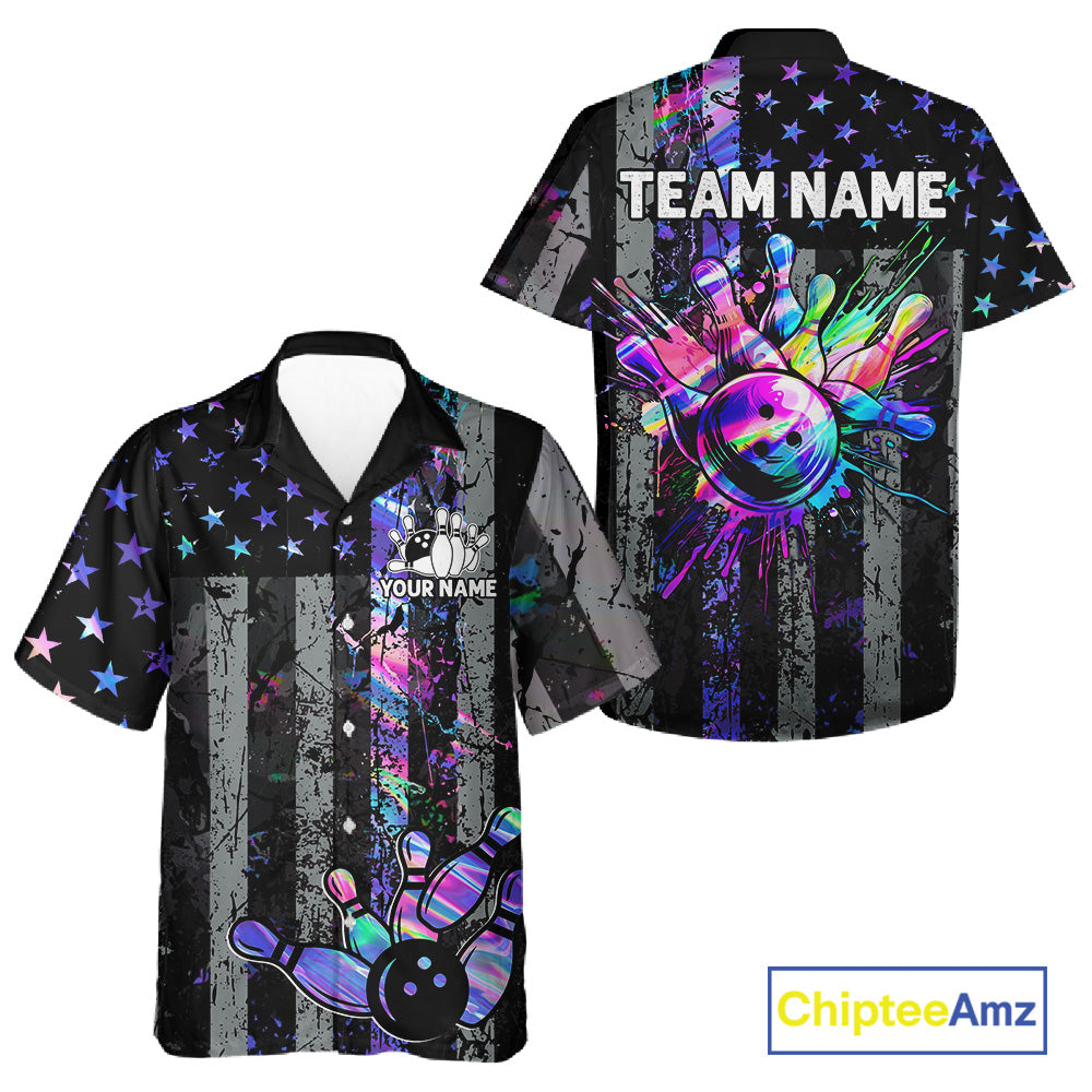 Custom Holographic Grunge American Flag Bowling Hawaiian Shirt, Patriotic Bowling Button Up Team Shirt TDM7695