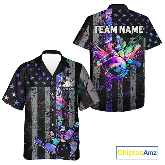 Custom Holographic Grunge American Flag Bowling Hawaiian Shirt, Patriotic Bowling Button Up Team Shirt TDM7695