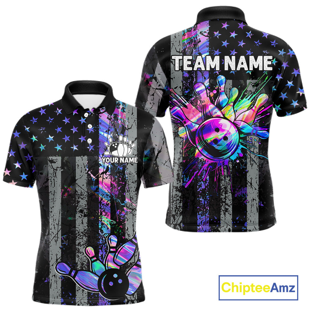 Custom Holographic Grunge American Flag Bowling Shirts For Men, Patriotic Bowling Team Jersey TDM7695