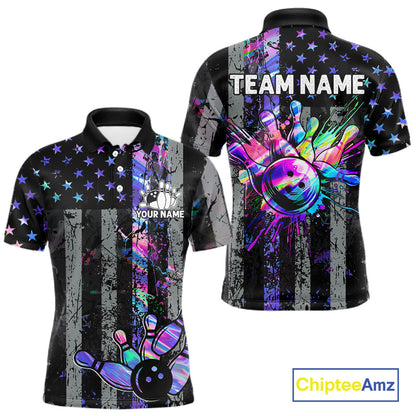 Custom Holographic Grunge American Flag Bowling Shirts For Men, Patriotic Bowling Team Jersey TDM7695