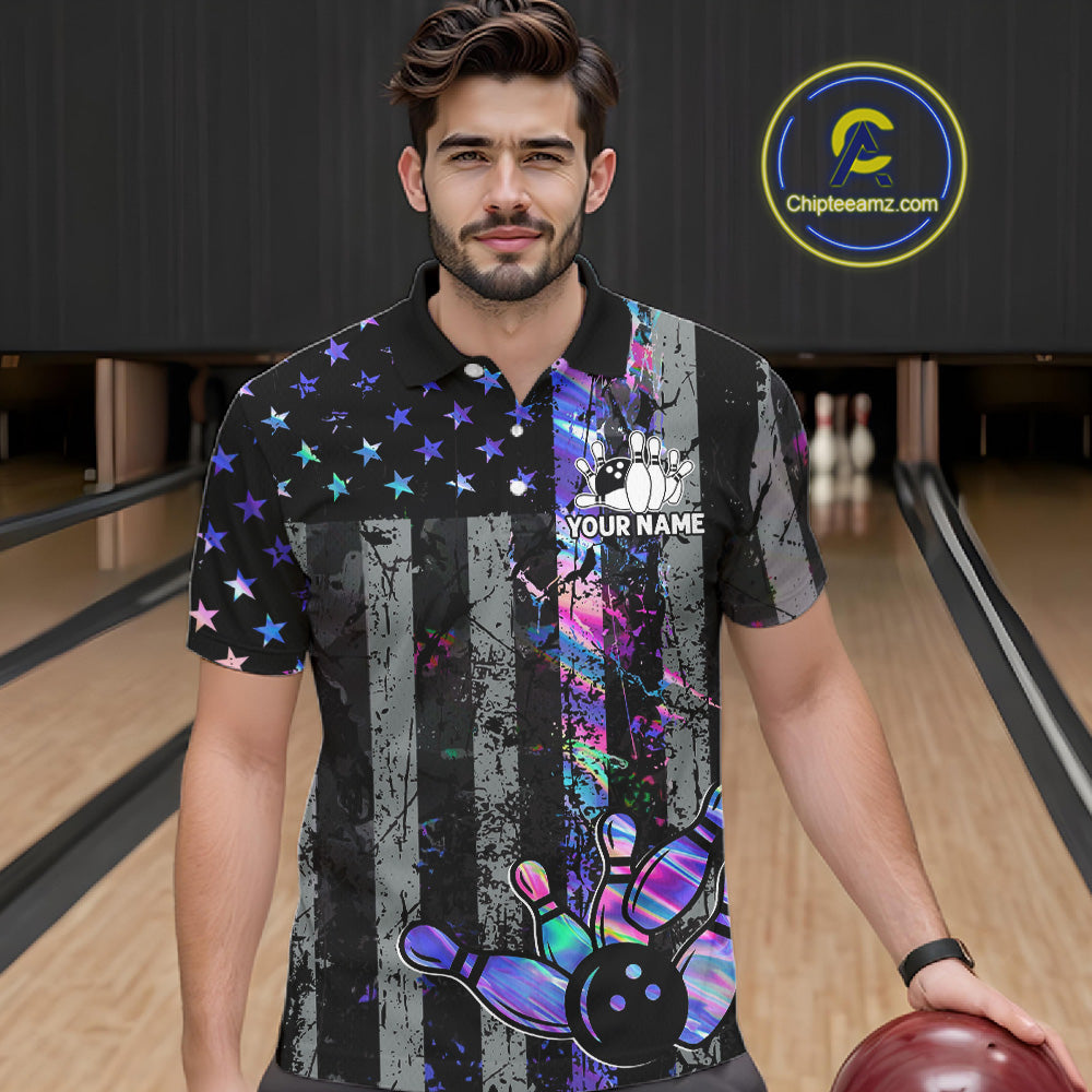 Custom Holographic Grunge American Flag Bowling Shirts For Men, Patriotic Bowling Team Jersey TDM7695