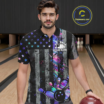 Custom Holographic Grunge American Flag Bowling Shirts For Men, Patriotic Bowling Team Jersey TDM7695