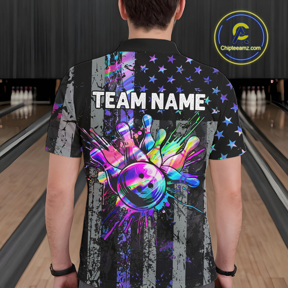Custom Holographic Grunge American Flag Bowling Shirts For Men, Patriotic Bowling Team Jersey TDM7695