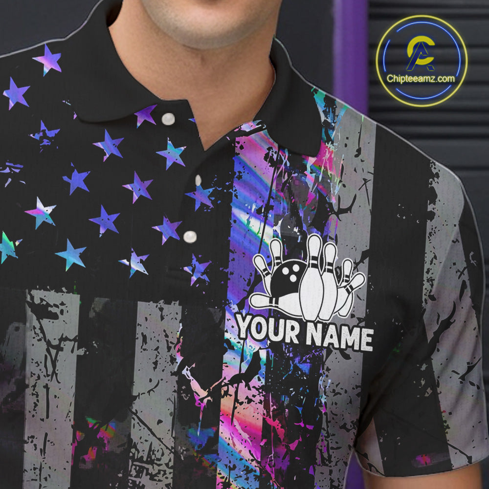 Custom Holographic Grunge American Flag Bowling Shirts For Men, Patriotic Bowling Team Jersey TDM7695