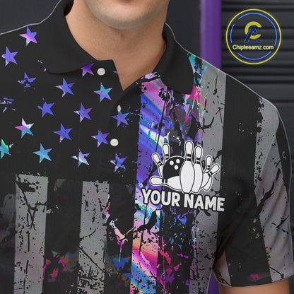 Custom Holographic Grunge American Flag Bowling Shirts For Men, Patriotic Bowling Team Jersey TDM7695